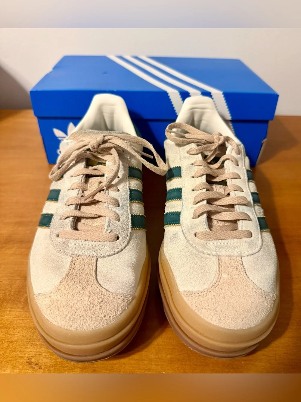 Adidas Women’s Gazelle Bold Beige Suede Samba-Style Sneakers with Green Stripes - Picture 1 of 7